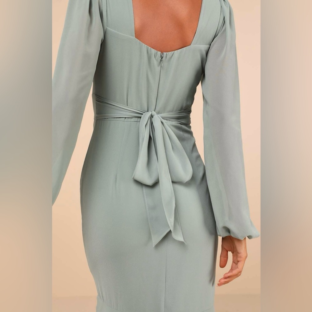 Lulus Tier Elegance Tiered Maxi Dress Large Sage Green Chiffon Long Sleeve *FLAW - Picture 3 of 12
